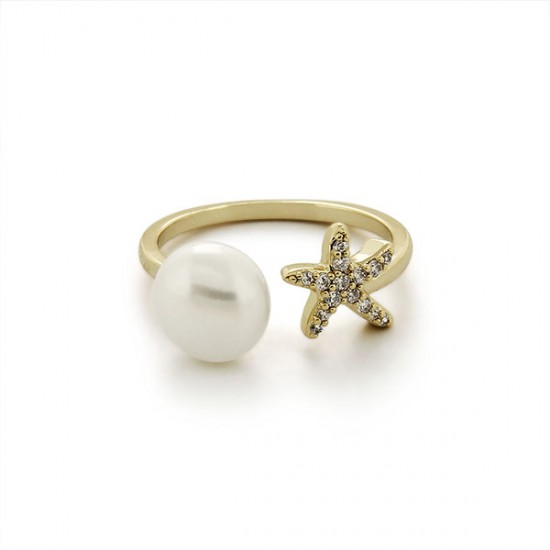 Starfish Crystal Pearl Gold Ring