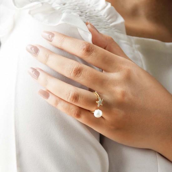 Starfish Crystal Pearl Gold Ring