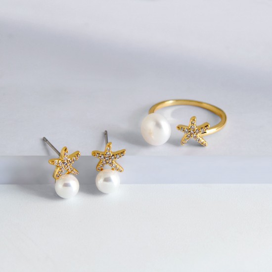 Starfish Crystal Pearl Gold Ring